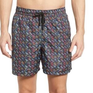 Jared Lang Trim Fit Swim Shorts Black Multicolor Geometric Print Lined Size XL